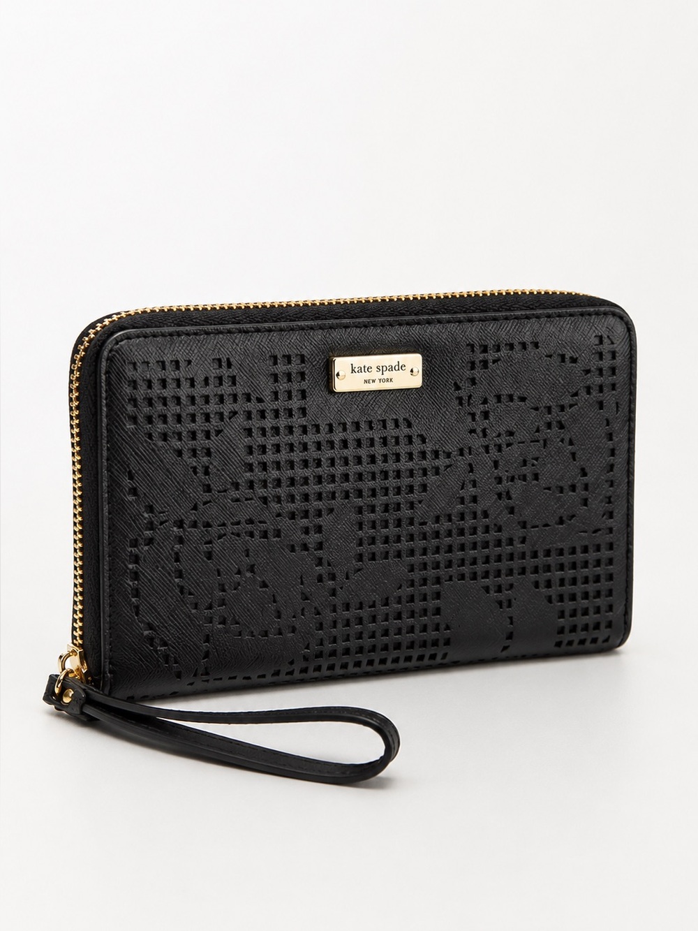Kate Spade New York Black Perforated Floral Zip Around Wallet Gold Hardware